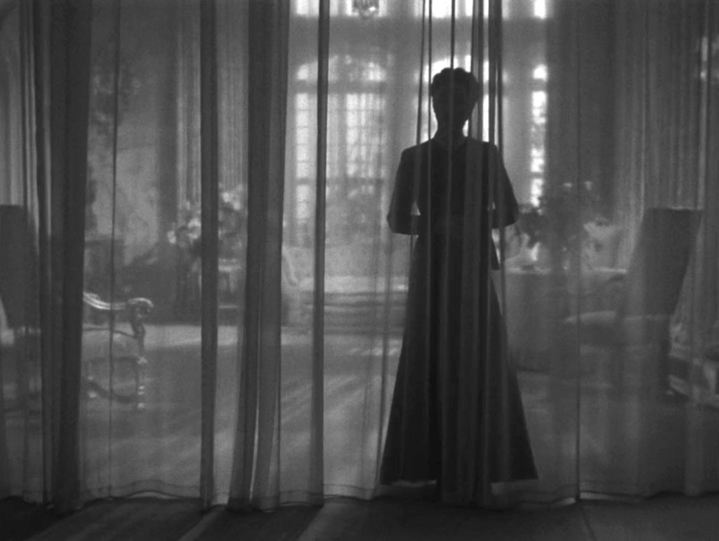 Mrs. Danvers looms in stark silhouette behind a sheer curtain, framed by the lit windows in the background.