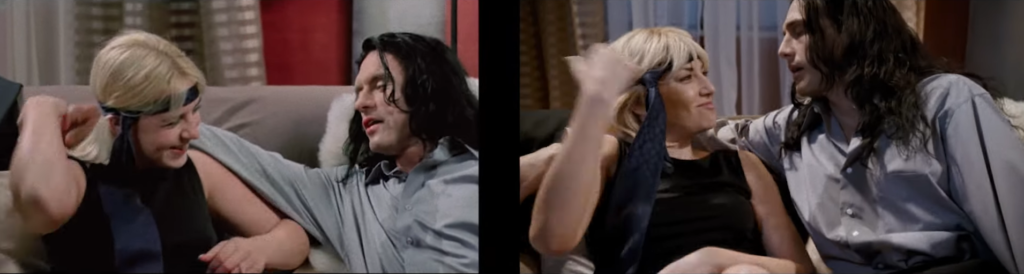 A scene from The Room on the left and a matching scene from The Disaster Artist on the right in split screen. Both scenes show Lisa and Johnny flirting on a couch. Johnny wears a light blue button-down and Lisa wears Johnny’s tie as a headband and a black tank top.