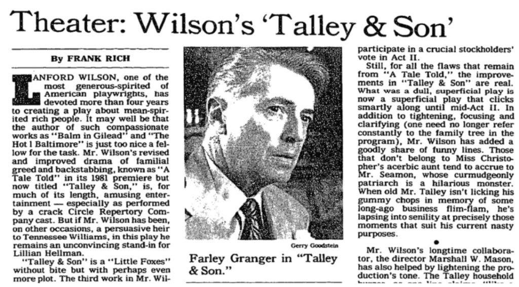 Screenshot of a 1985 New York Times review of a production of Talley and Son. A photo of Farley Granger in his role as Eldon is pictured prominently.