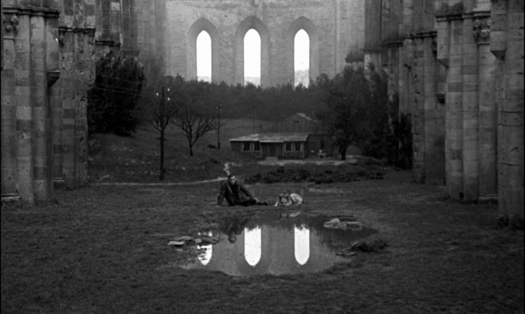Andrei and a dog sit in front of a pond, with a house behind them. The entire landscape is contained within an impossibly large, ruined cathedral.