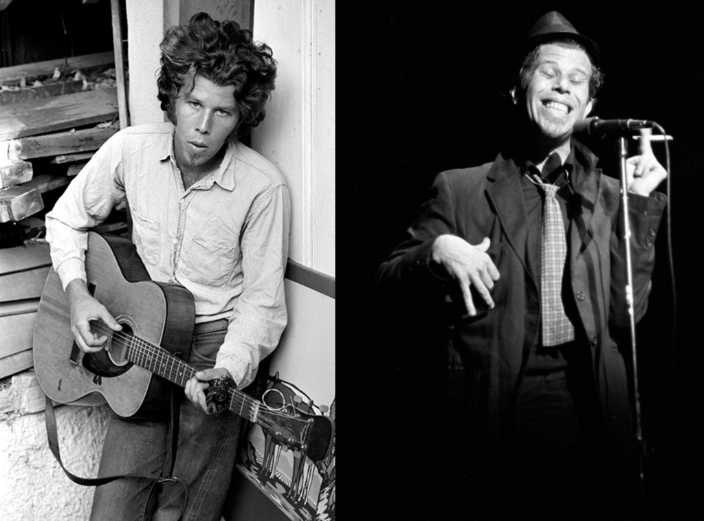 Left: The youthful, shaggy singer-songwriter Tom Waits plucks his guitar, leaning against a wall in a run-down home somewhere in LA on. Right: Tom Waits, grimacing as he performs “Small Change (Got Rained on with His Own .38)” live at Atlanta’s Agora Ballroom, cigarette in hand,