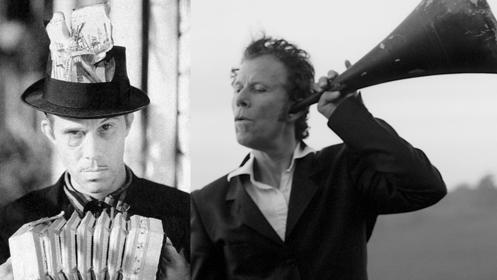 Left: Tom in full “Franks Wild Years” getup – burned dollar bills stuffed in the Fedora on his head, monocle, painted-on mustache, playing a tiny accordion
Right: An older Waits holds the small end of a giant bullhorn up to his ear, while standing in a barren field