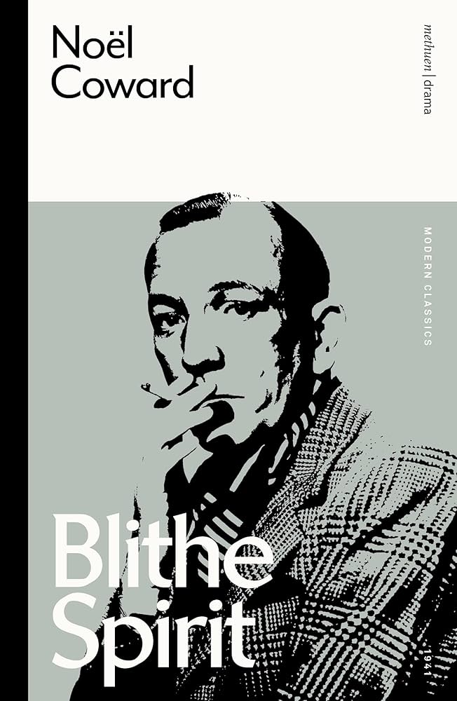 A photo of Noel Coward in a plaid jacket and patterned scarf holding a cigarette to his lips on the cover of a copy of the play, Blithe Spirit.