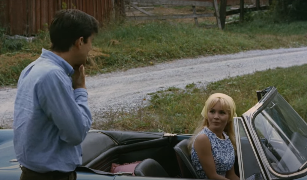 Sue Ann sits in her blue convertible, Dennis stands to the side talking to her.