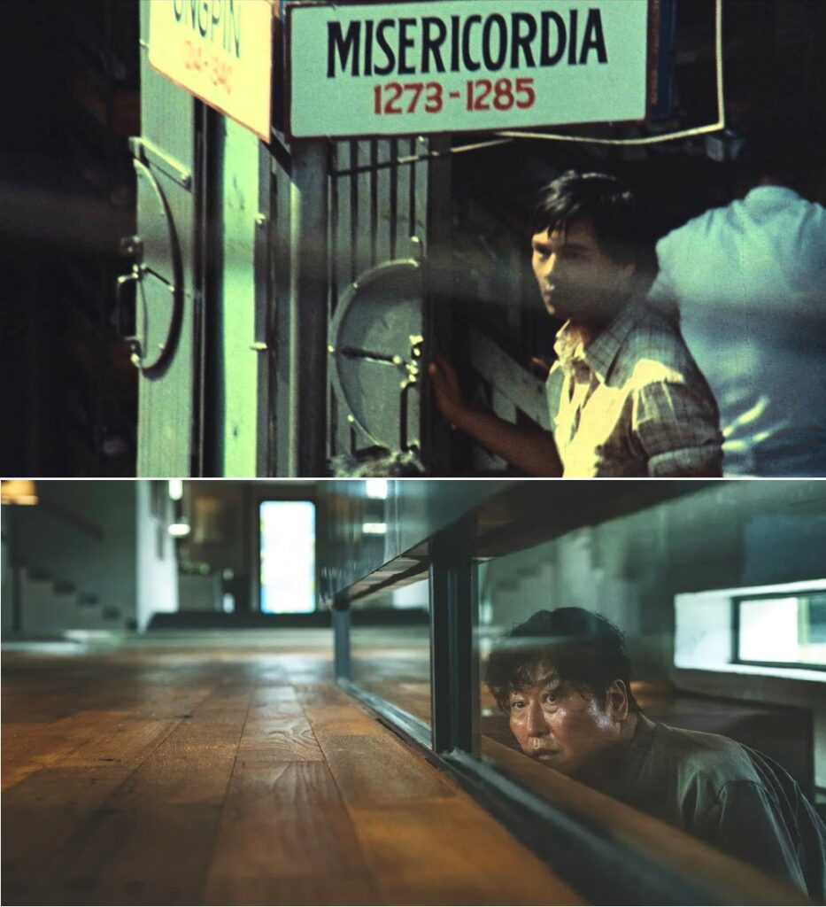 Two images from two different films. The top image is that of Julio in “Manila in the Claws of Light” standing in a busy intersection under a sign that reads, ‘Misericordia.' The Bottom image shows a scene from Parasite, an asian man looking at the wooden floor through the glass rail of a staircase.