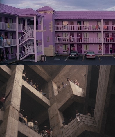 Top image is of a wide shot of a three floor motel whose exterior is painted purple. Several guests are standing outside of their rooms on the balcony. Bottom image is the interior of a building made of concrete. The shot is taken from the first floor looking up at individuals standing at a higher level, looking down.