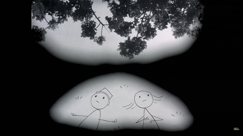 In black and white. Above, tree branches from the POV of below, stick figure ex-partners lying on the ground looking at the sky.