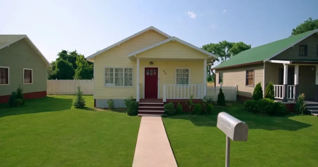 A photograph of a pleasant-looking, well-maintained single-story house with yellow siding, white trim and a red front door on a bright sunny day.