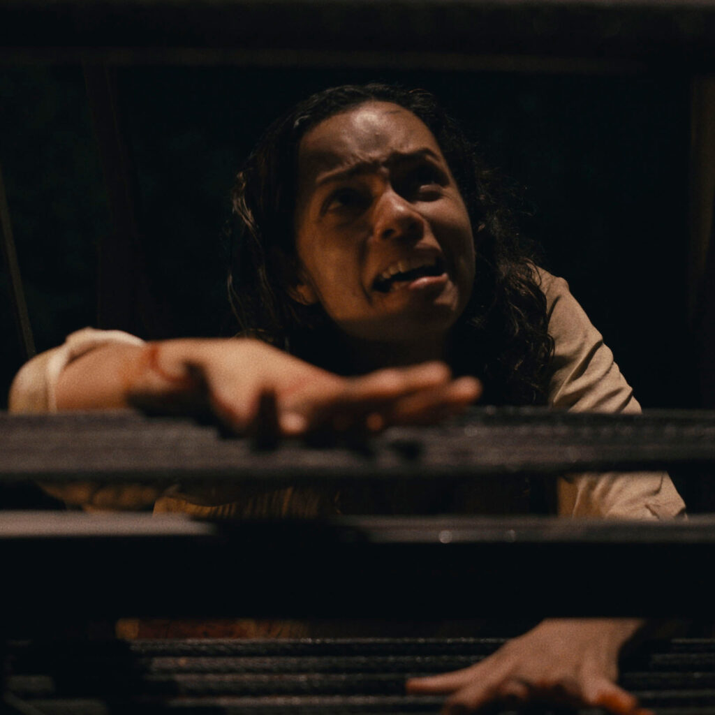 A photograph of a frightened young woman with blood on her right wrist climbing stairs on her hands and knees.