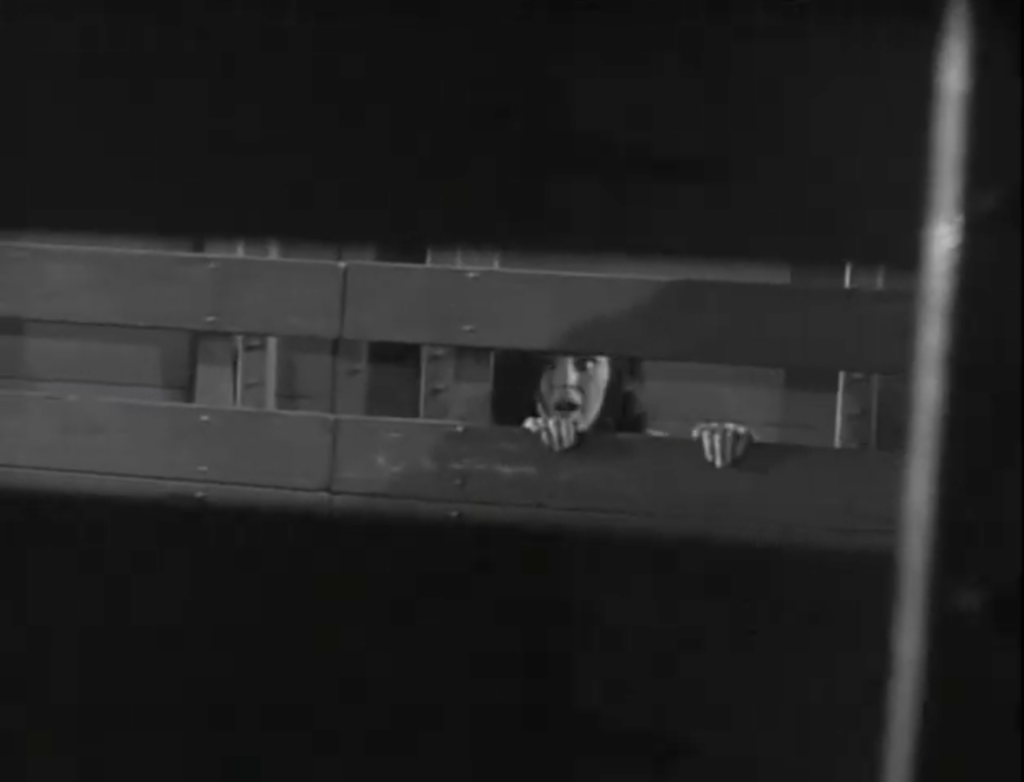 A woman looks frightened as she scales along an empty shipping truck. Only her head and hands are visible between planks of wood.