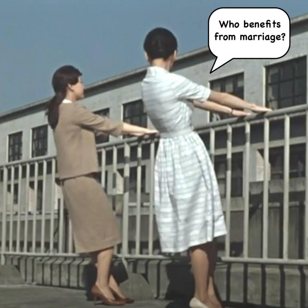 Two women holding onto a guardrail on the edge of a building. They are leaning back and looking at the buildings and streets in the background. Above the person on the right, there is a speech bubble that says, “Who benefits from marriage?”