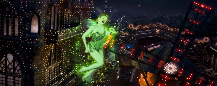 A green fairy flies over Paris.