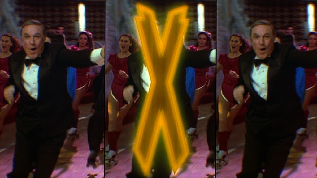 A triptych showing three similar images. In the left and right images, a middled-aged man, the actor Gene Kelly, leading a group of rollerblading people who are color coded, women wearing dark red and men wearing bright blue. The middle image is the same as the other two, except a neon X has been superimposed over Kelly.