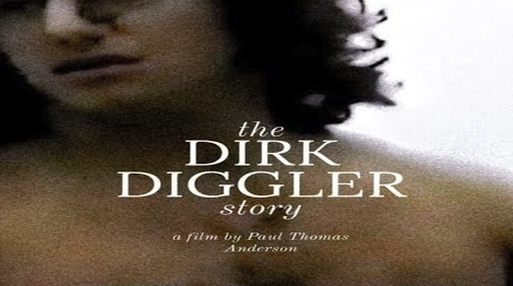 A fuzzy still of a naked man from the upper chest to his head; white text reads "the Dirk Diggler story, a film by Paul Thomas Anderson".