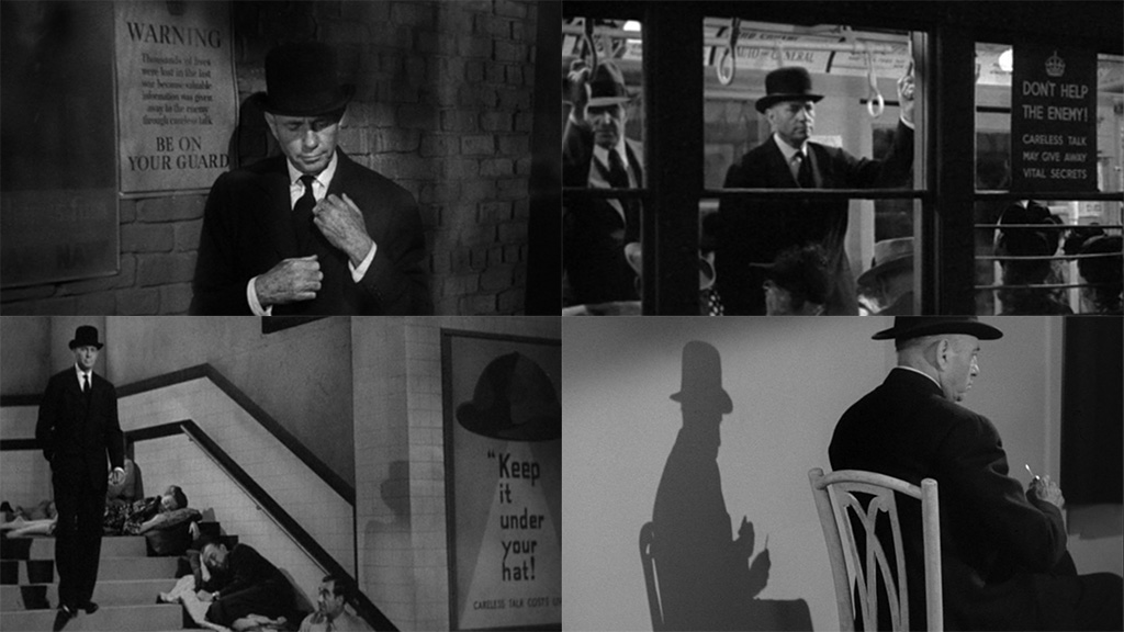 A four-panel image, three panels showing the same man in black standing next to signs warning "BE ON YOUR GUARD," "DON’T HELP THE ENEMY!" and "Keep it under your hat." The fourth panel shows him holding a knife.