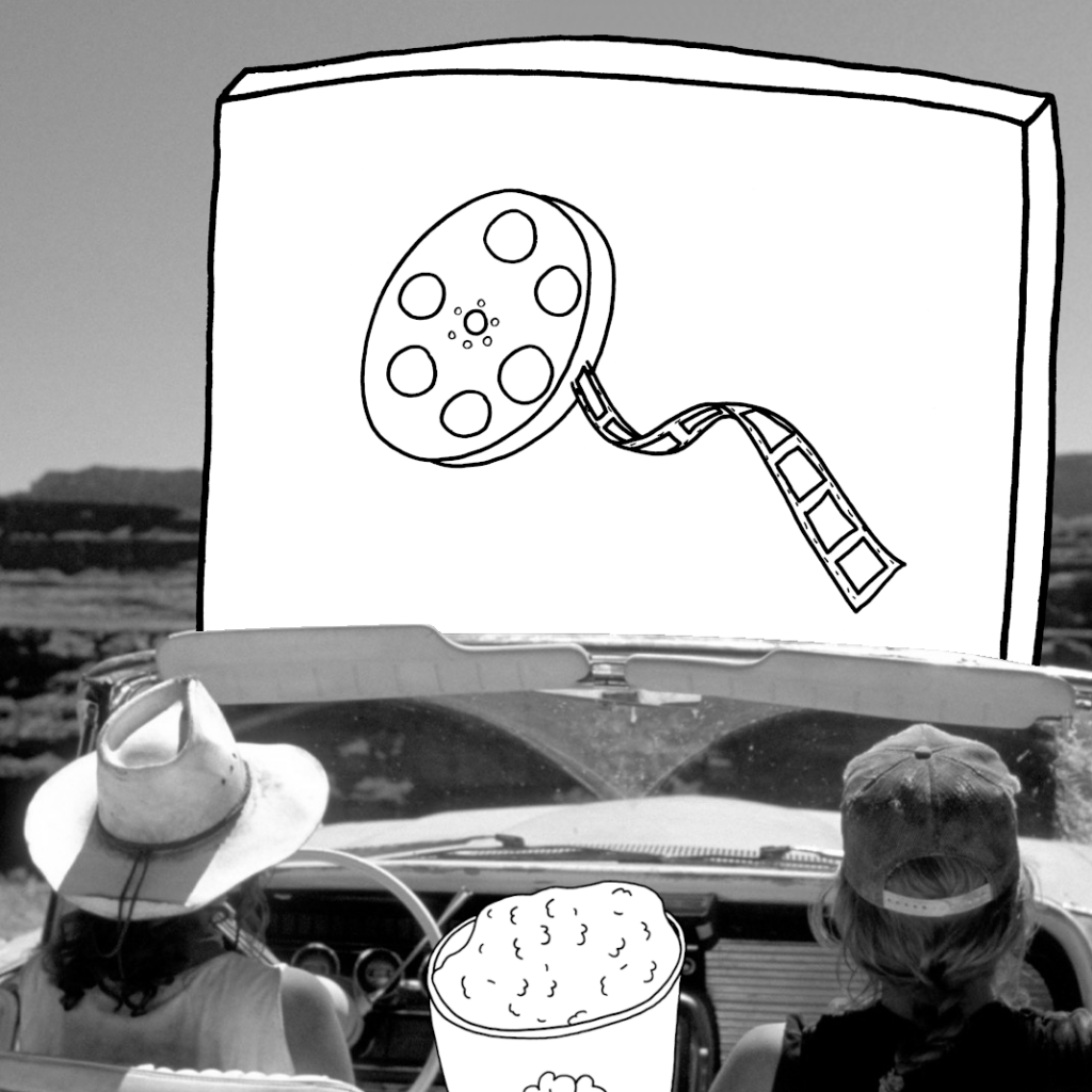 A photograph of two women sitting in a convertible with the top down face away from us. There is a hand-drawn bucket of popcorn between their seats. They are looking at a hand-drawn drive-in movie screen picturing a film reel